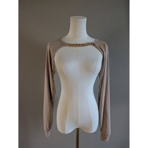 OMT Fashions Khaki Beige Chain Front Long Sleeve Shrug Large NWT